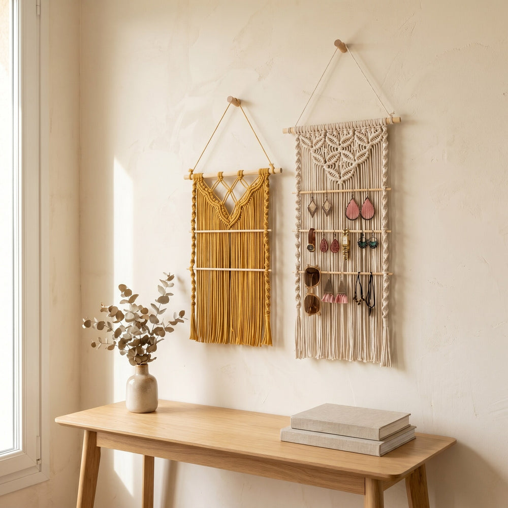 A natural cotton macramé wall hanging displays jewelry above a wooden table with a vase and stacked books in a bright room.