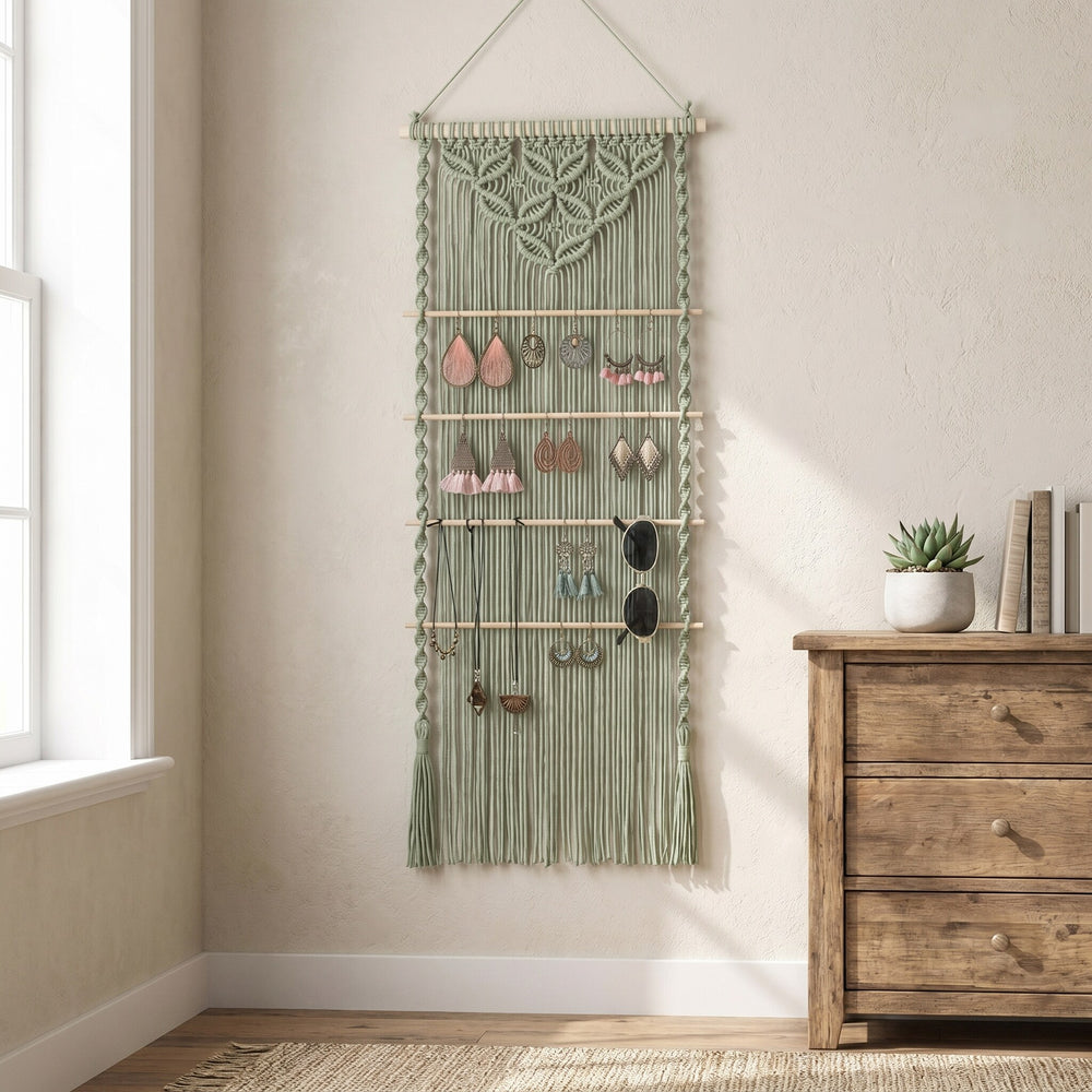 A sage green macramé wall hanging with wooden dowels displaying earrings and necklaces on a neutral interior wall.