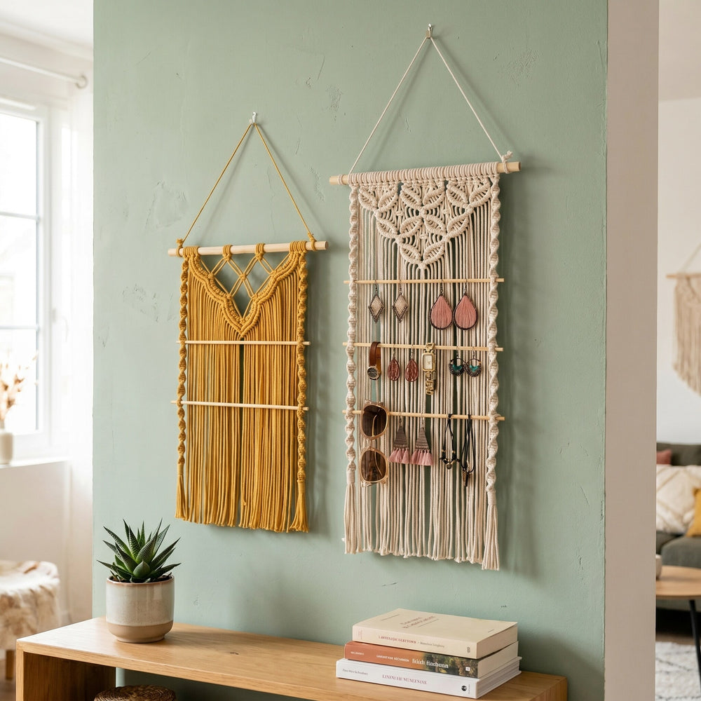 Two macramé wall hanging organizers in mustard and natural cotton display earrings, watches, and glasses on a green wall.