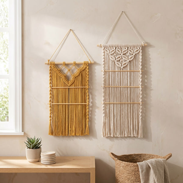 Two Ketelier macramé wall hanging organizers in mustard and natural cotton, displayed on a wall above a wooden table.